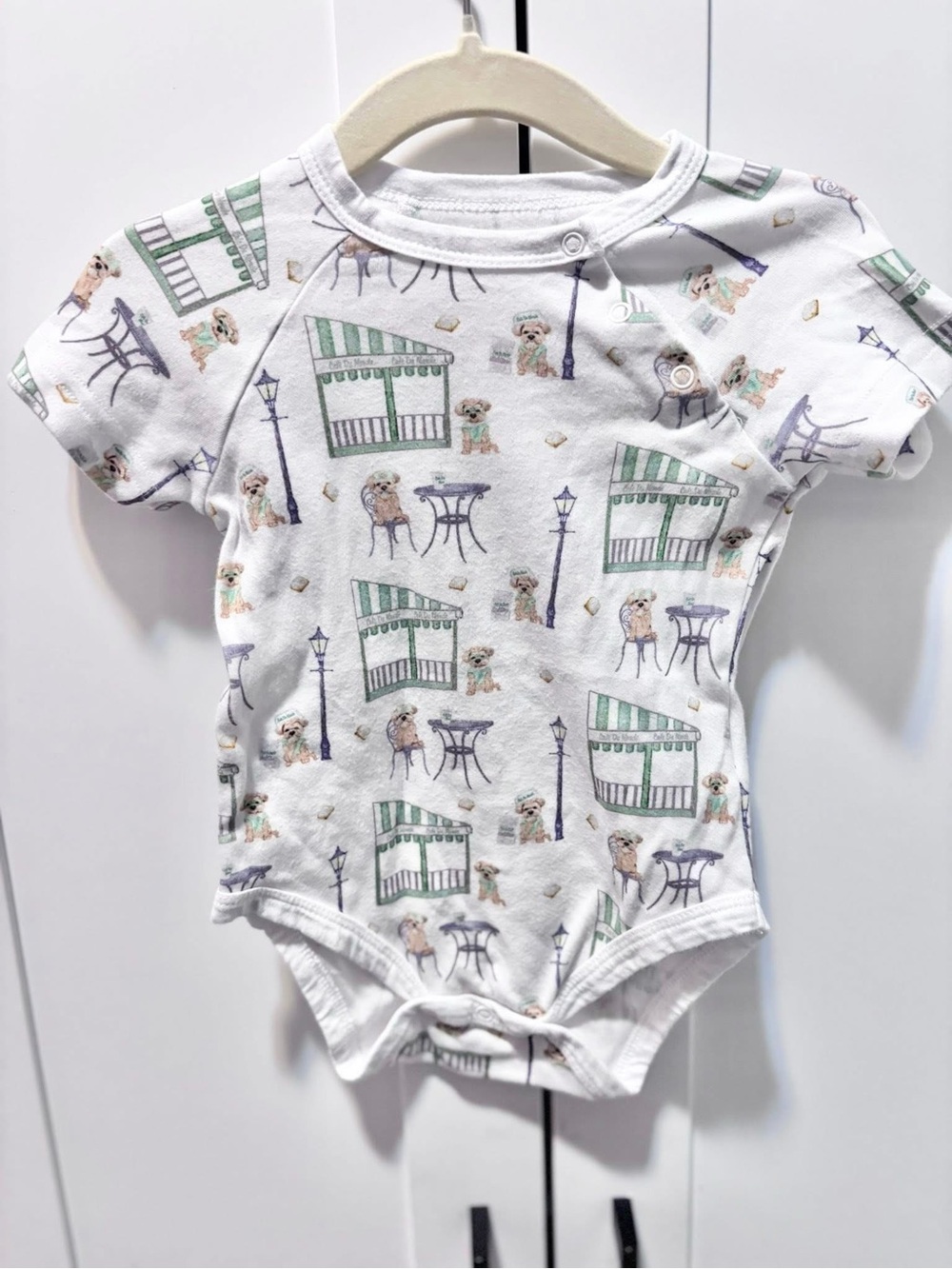 Nola Tawk Baby One-Piece Bodysuit with Puppy & Café Print - White/Green